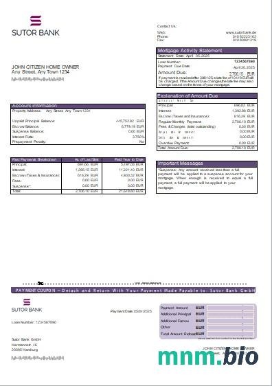 Niemcy Bank Sutor wyciąg z kredytu hipotecznego szablon Word i PDF